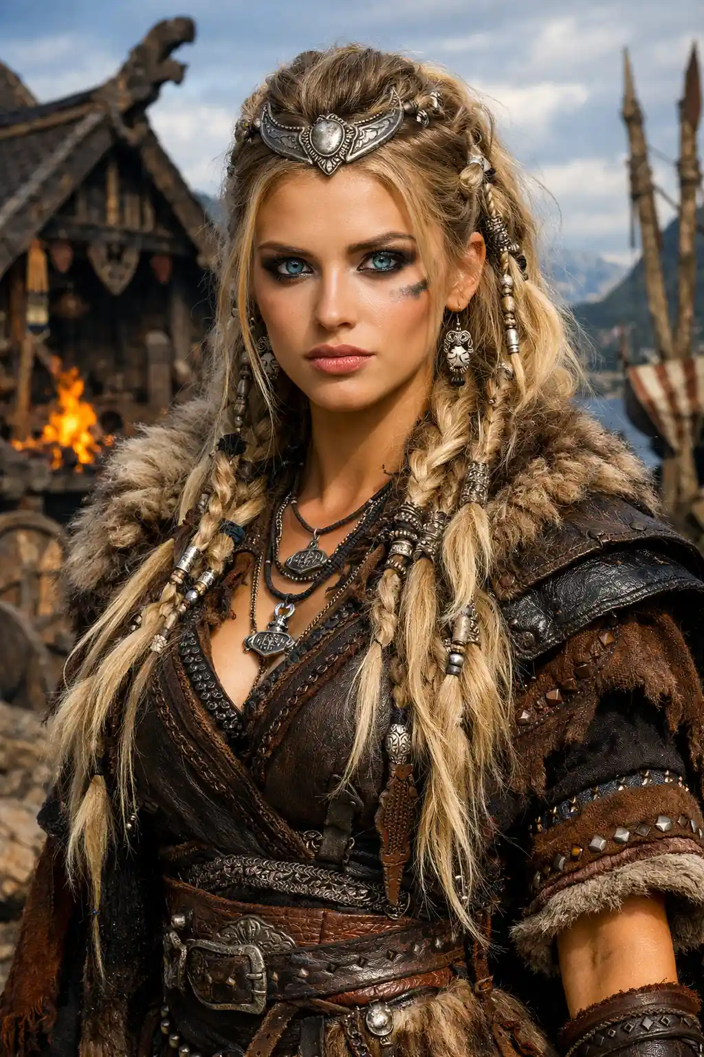 Glamorous young viking woman in ornate fantasy landscape