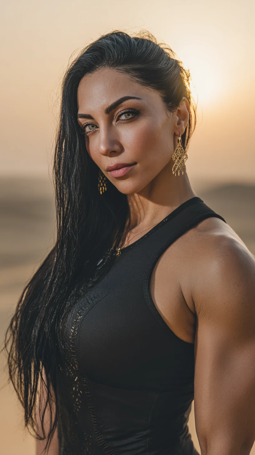 Strong middle eastern bodybuilder woman in sunset desert portrait