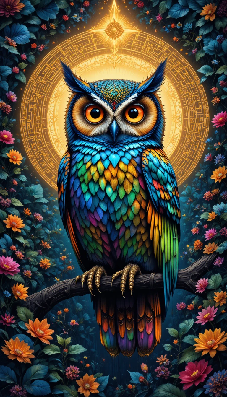 Psychedelic owl on a jeweled branch with glowing halo
