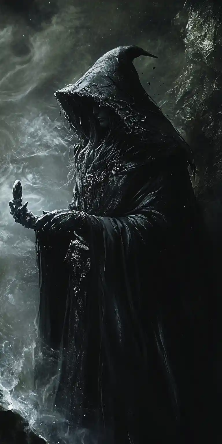 Bruja oscura que emerge de las sombras para atacar