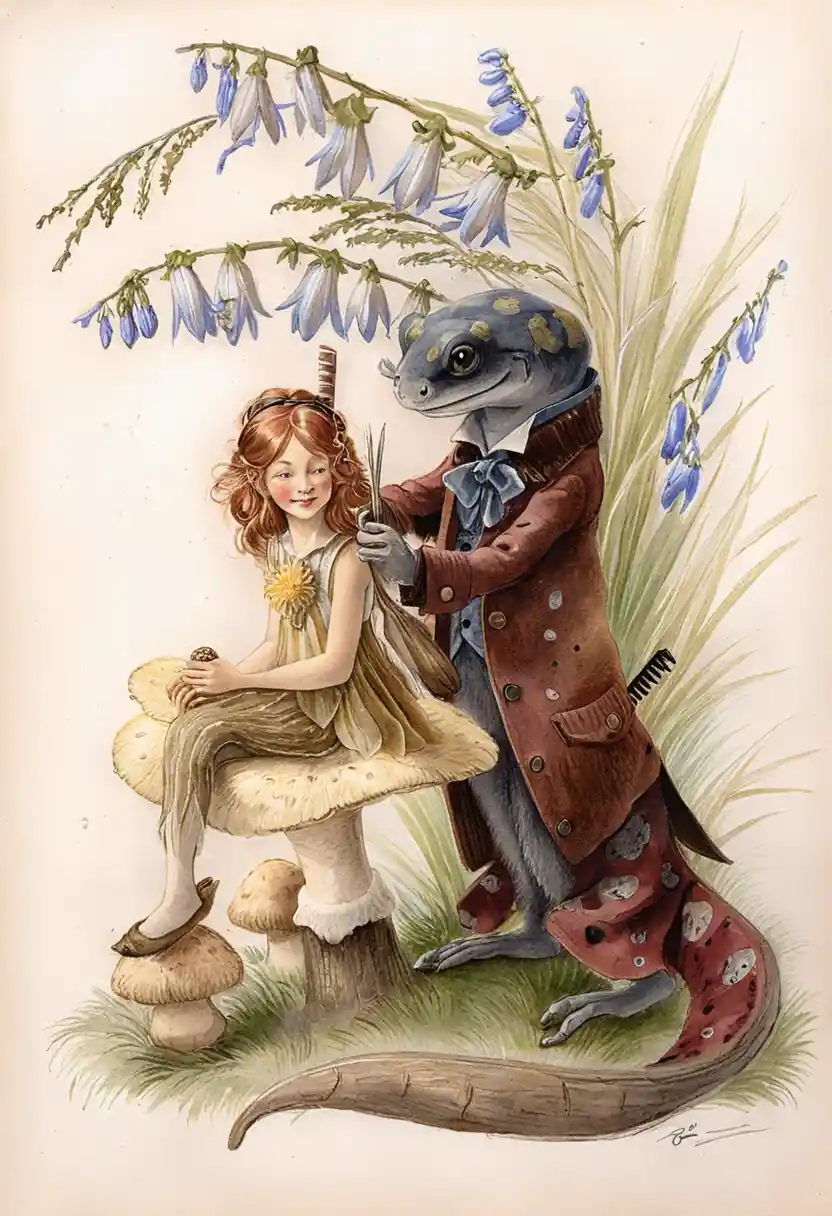 Watercolor fairy haircut scene on a woodland mushroom