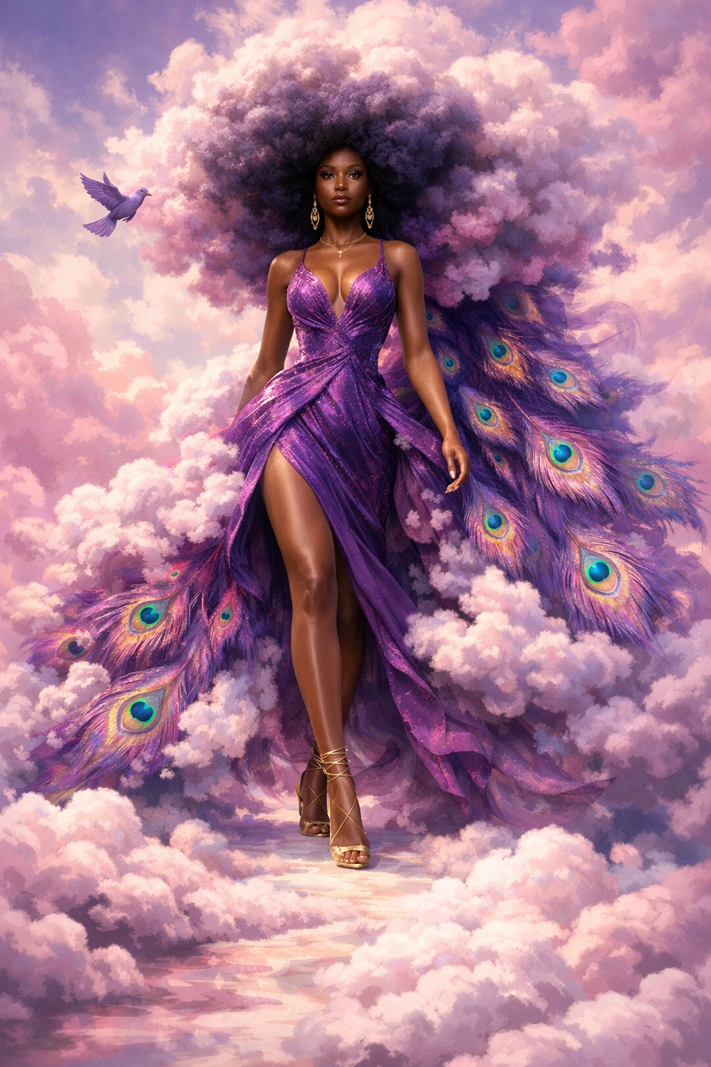 Regal fantasy woman walking along a swirling cloud path