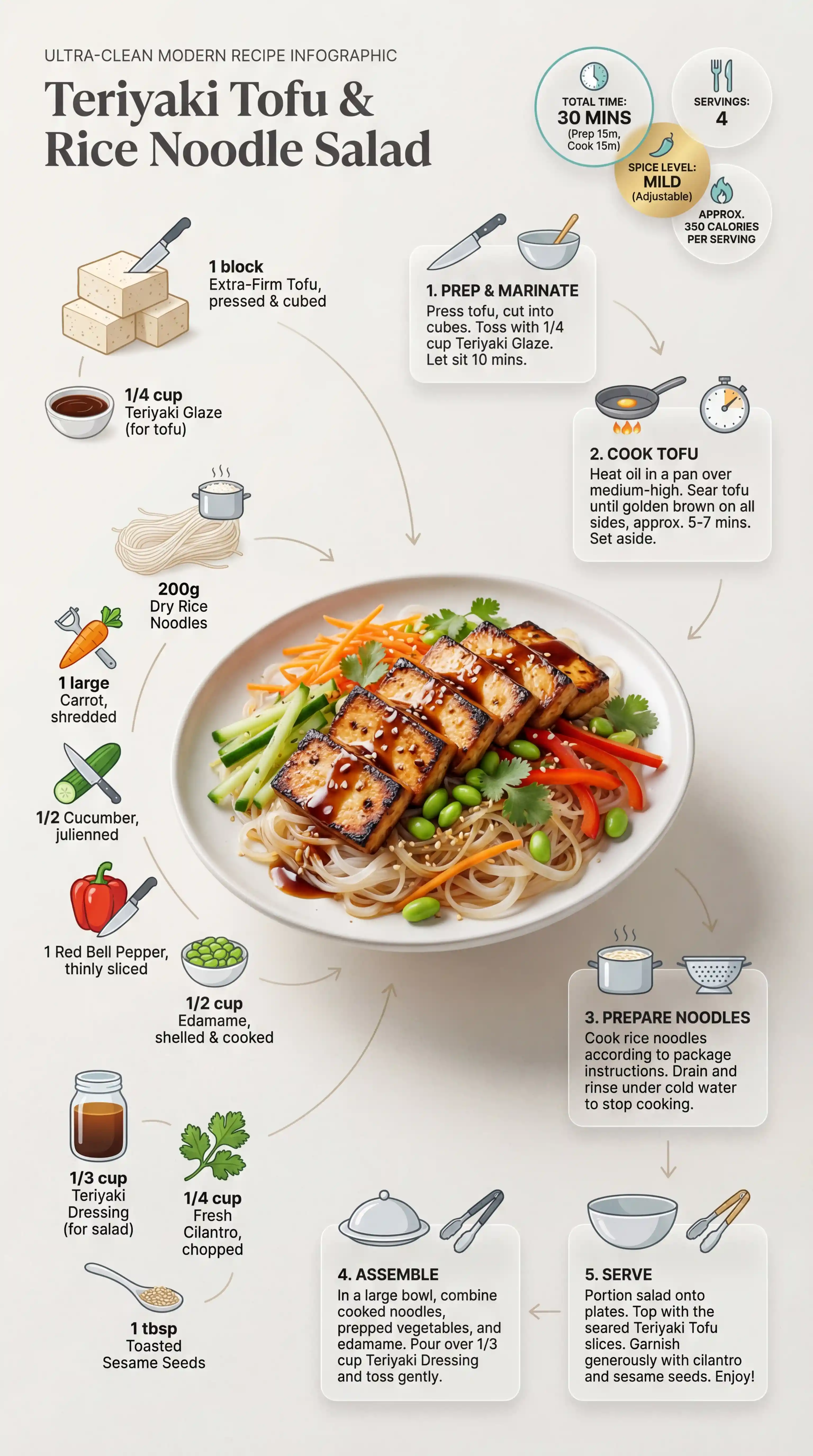 Modernes Teriyaki-Tofu-Nudelsalat-Rezept als Infografik-Layout