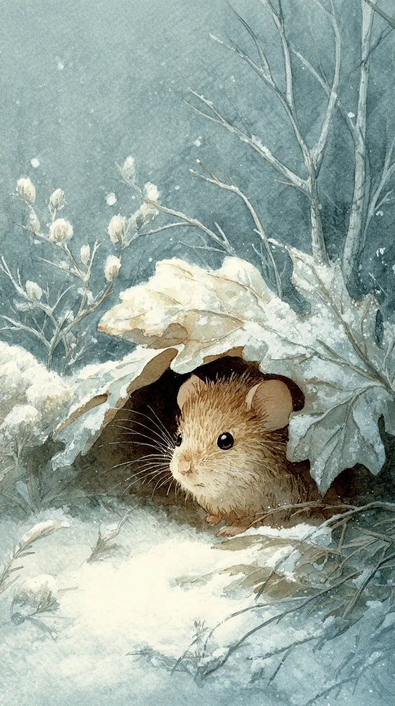 Small mouse sheltering under a snowy oak leaf