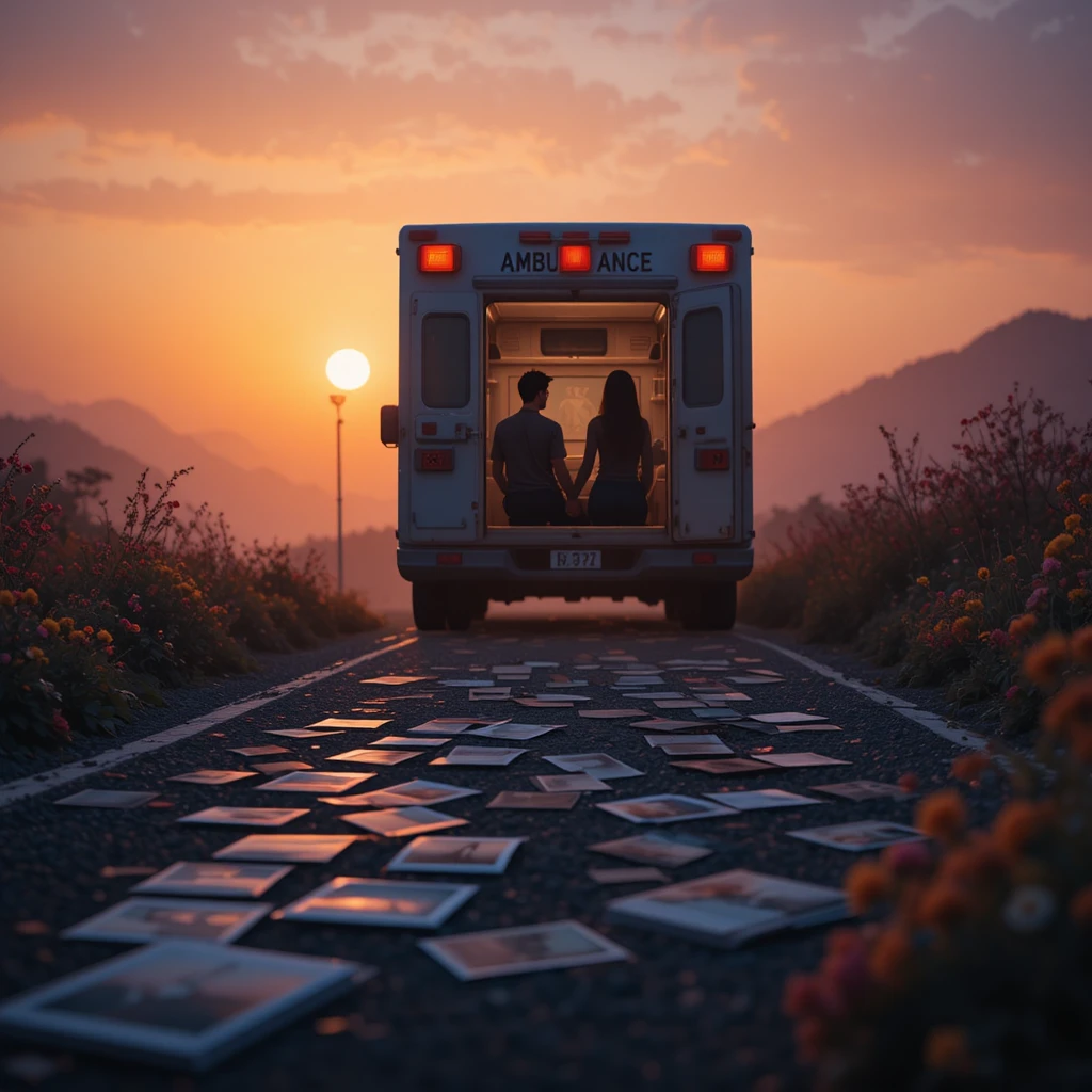 Casal em silhueta ao lado de uma ambulância em uma estrada ao pôr do sol