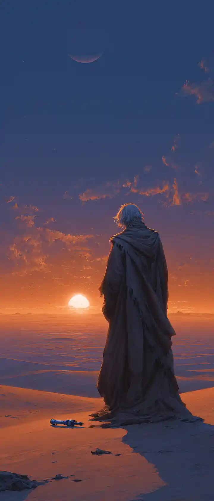 Lone warrior at sunset over endless desert dunes