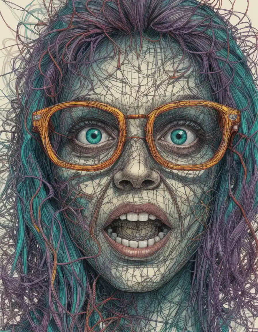 Surreal scribble faced woman with cracked teal glasses