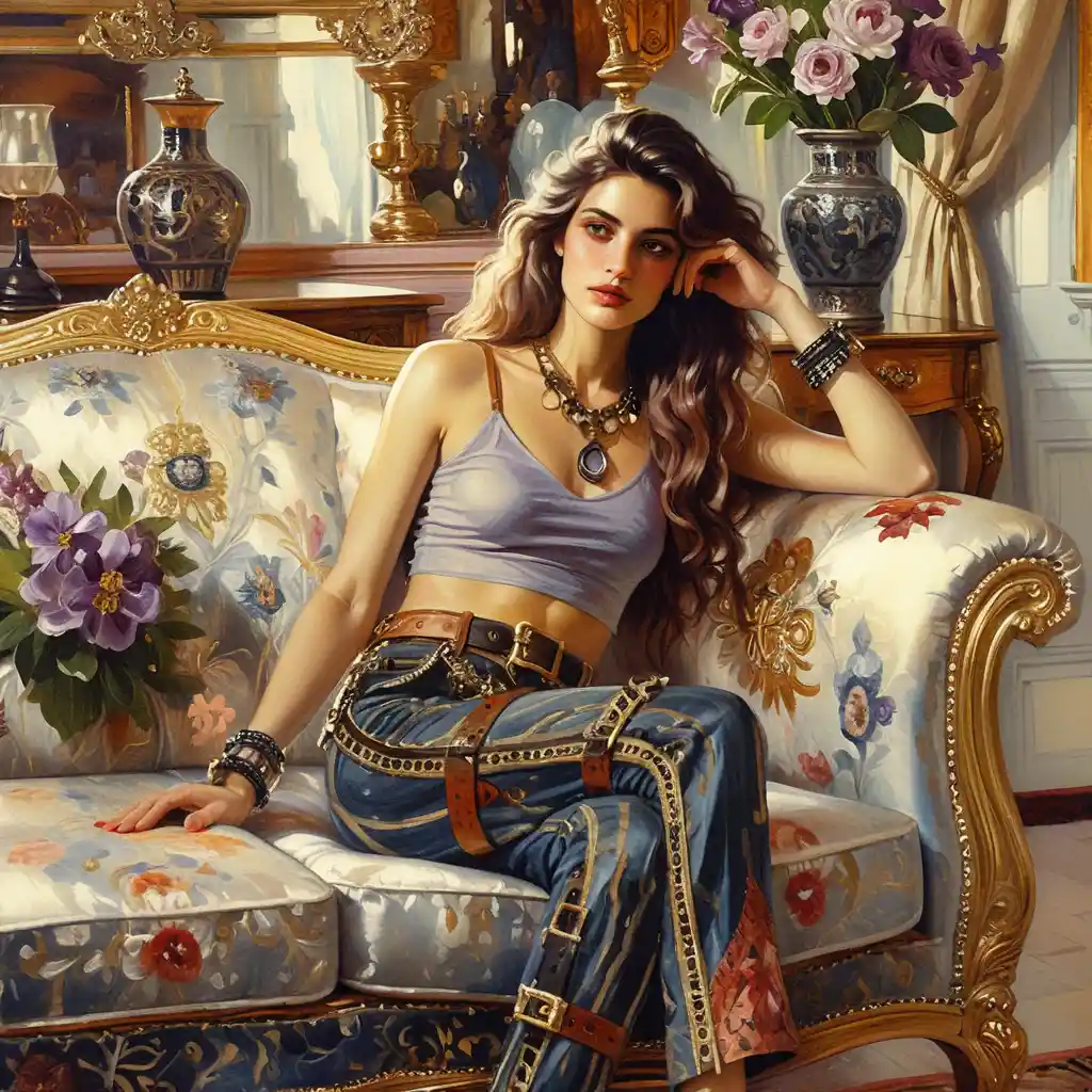 Modern young woman in rock style in victorian salon