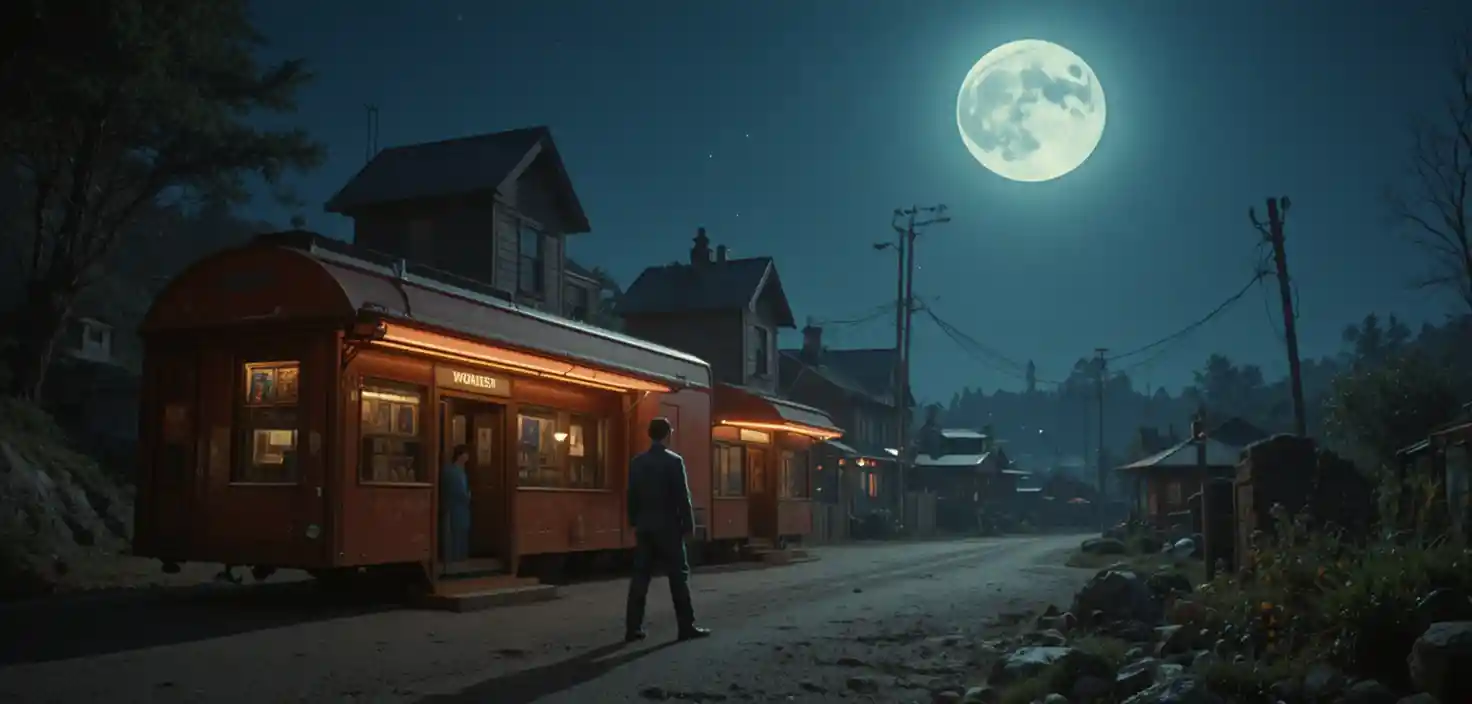 Cinematic wide night scene backlit by a bright moon