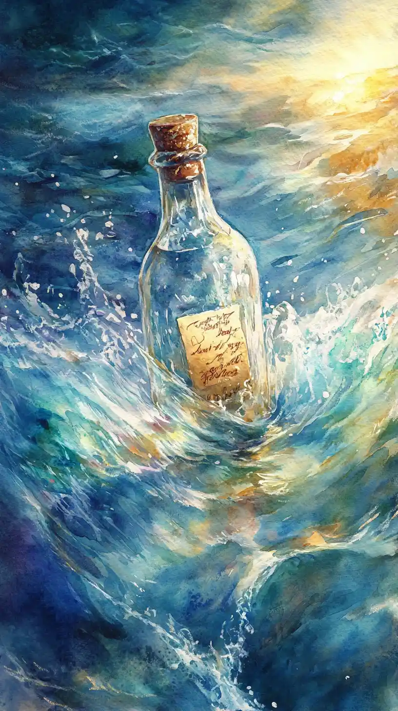 Message in a bottle drifting across a sunlit ocean