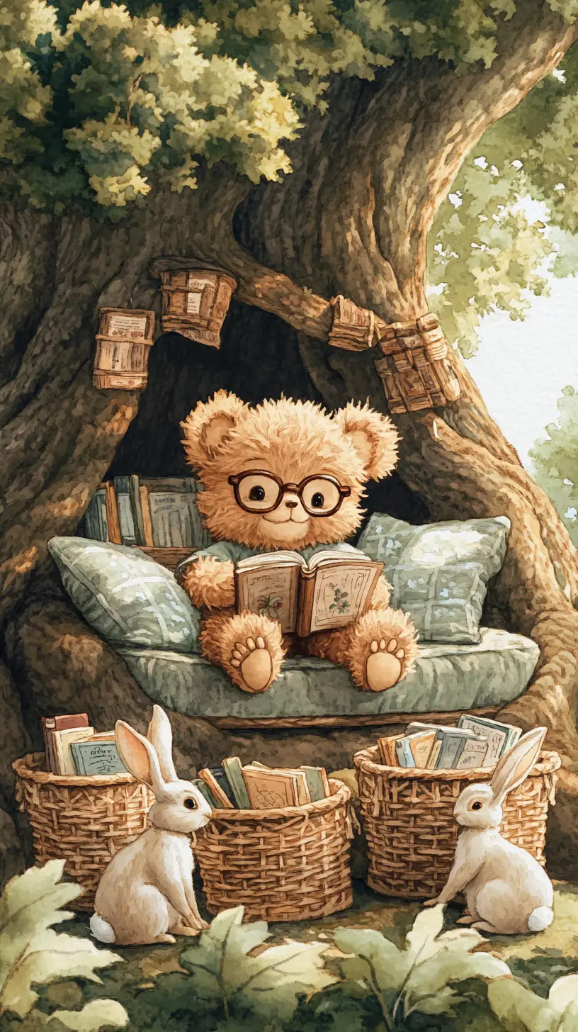 Close up teddy bear reading in a cozy tree nook