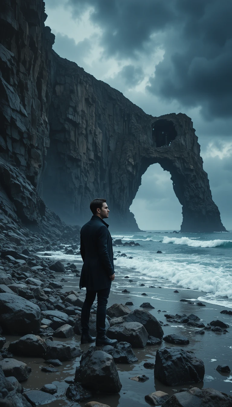 Man in suit on stormy rocky coast with ruined arch