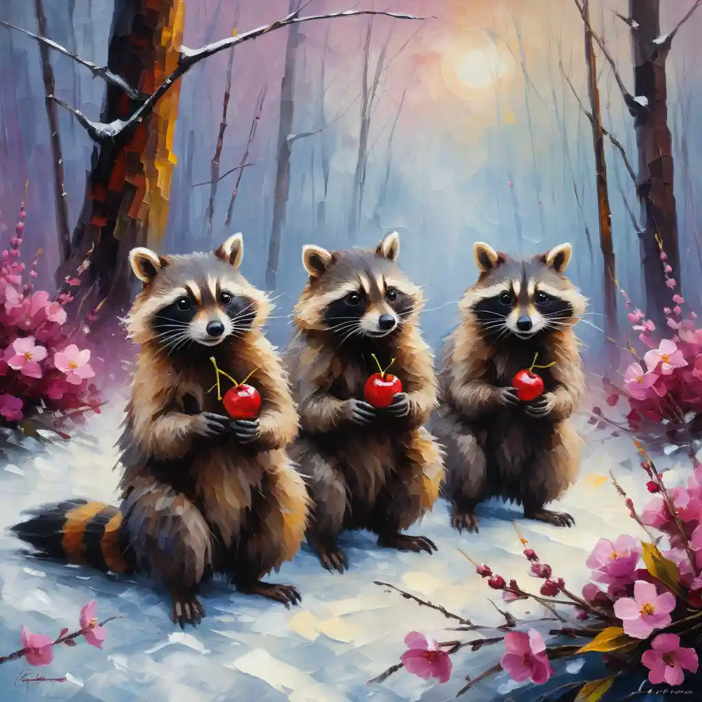 Three raccoons eating cherries in a misty winter garden