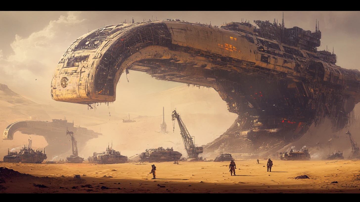 Gigantic spaceships under a colossal desert refit station