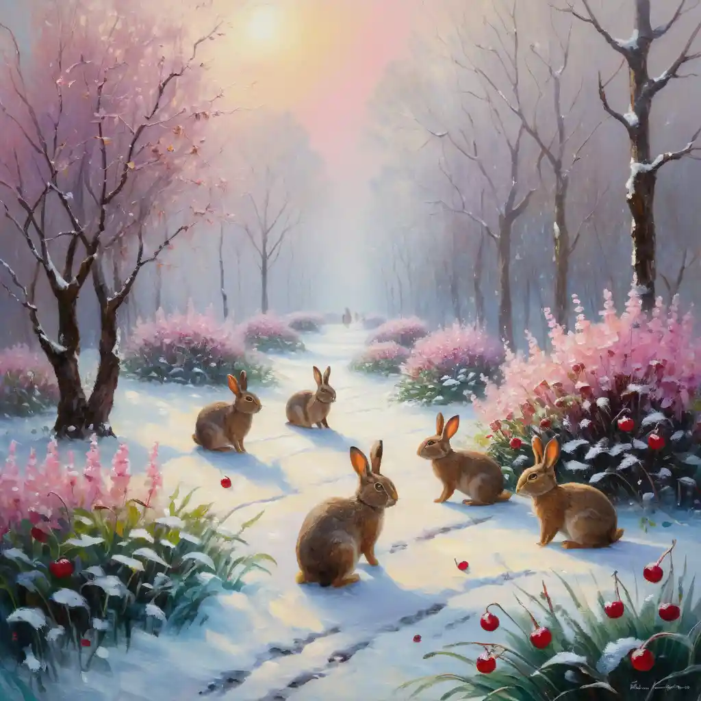 Impressionist rabbits in a snowy winter garden with cherries