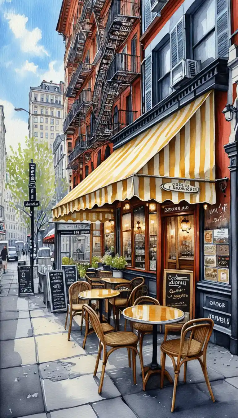 Pariser Café-Straßenszene in detaillierter Architekturillustration