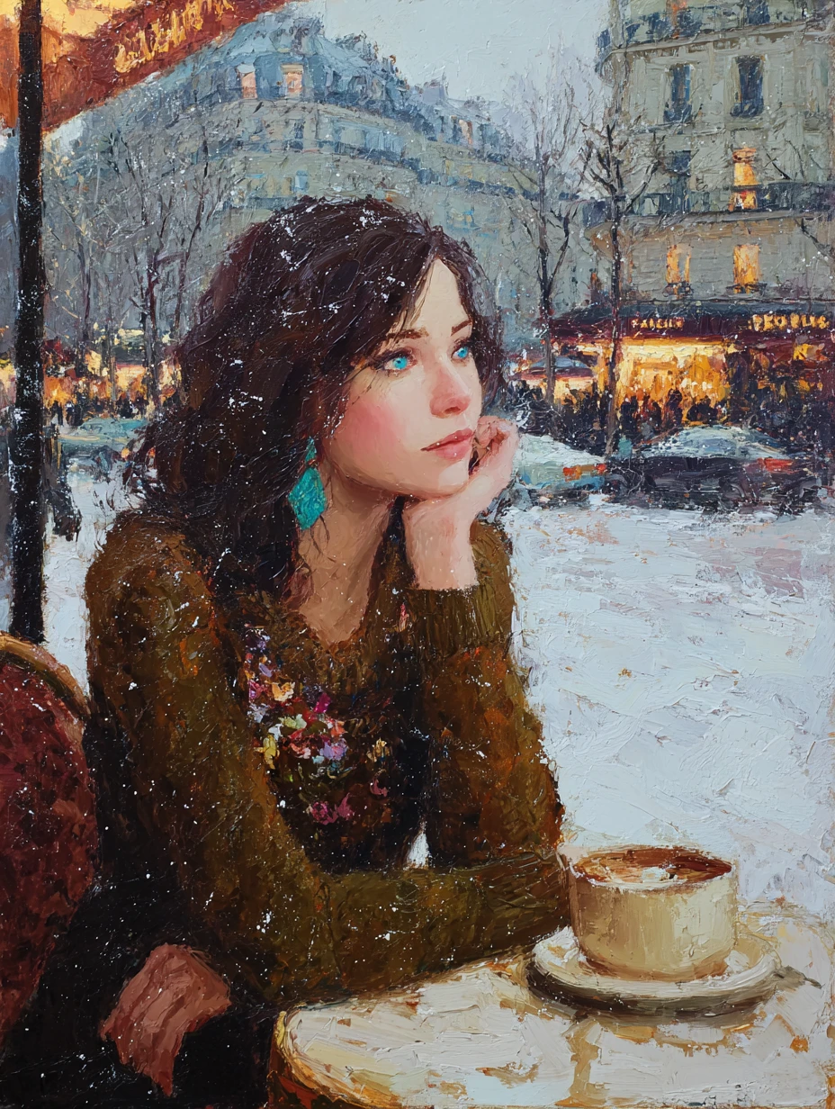 Joven pensativa en un café parisino nevado - pintura