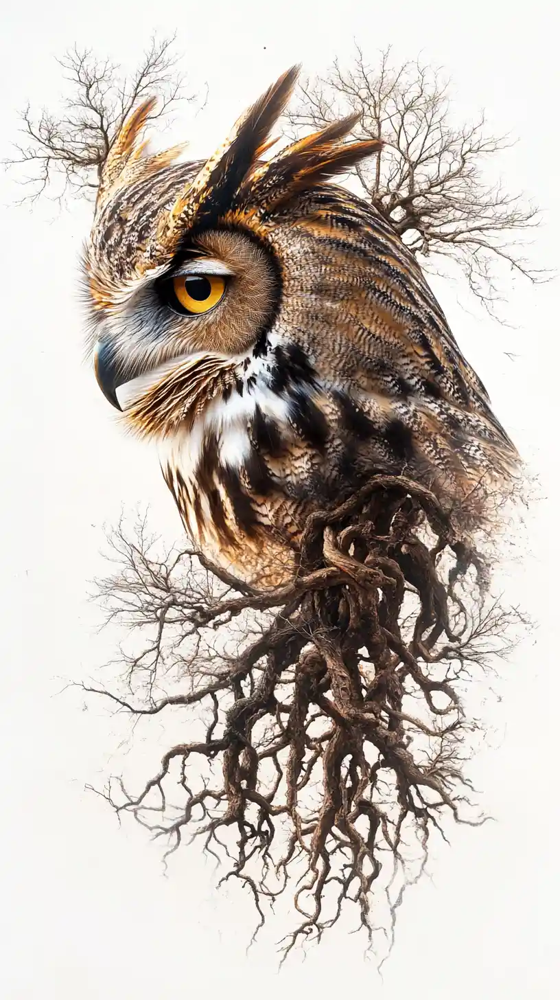 Majestic owl profile emerging from twisted tree roots