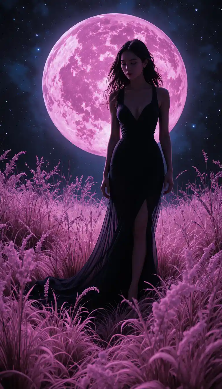 Woman in black standing on glowing pink grass at night