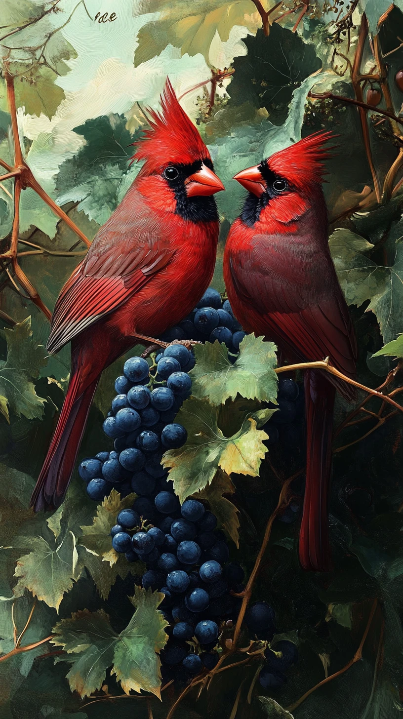 Two cardinals resting among detailed green grape vines