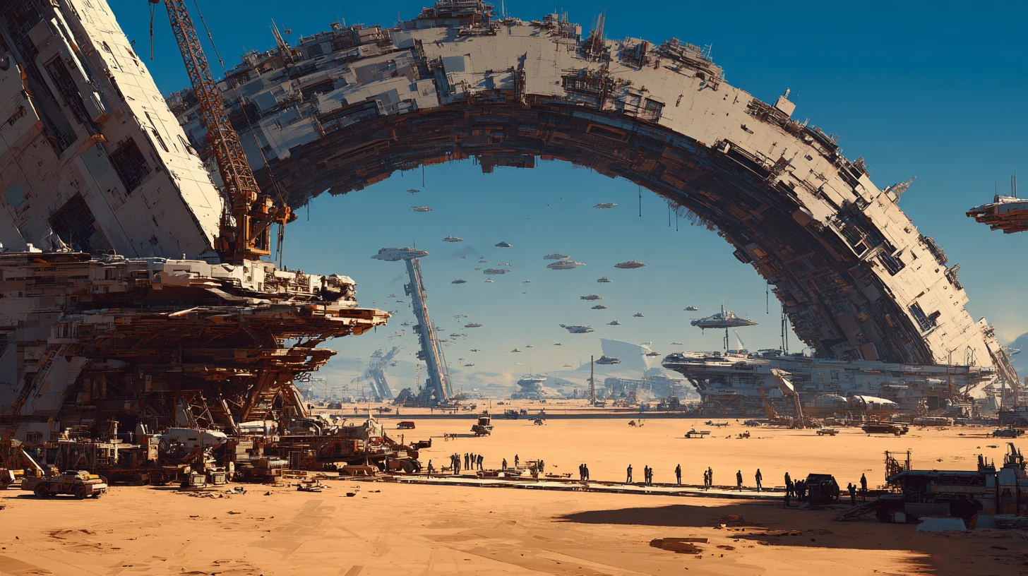 Astronavi gigantesche sotto un enorme arco di stazione nel deserto