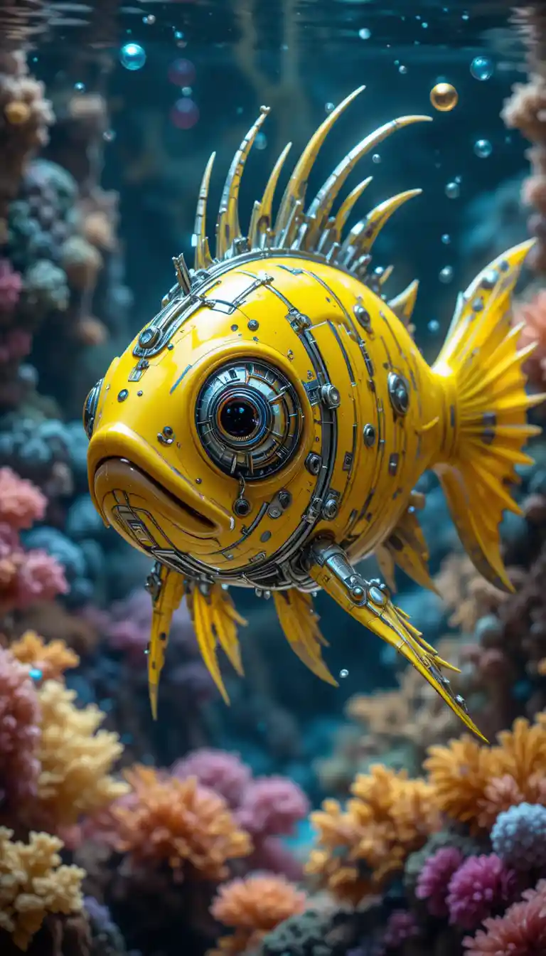 Cybernetic yellow fish cruising through a colorful coral reef