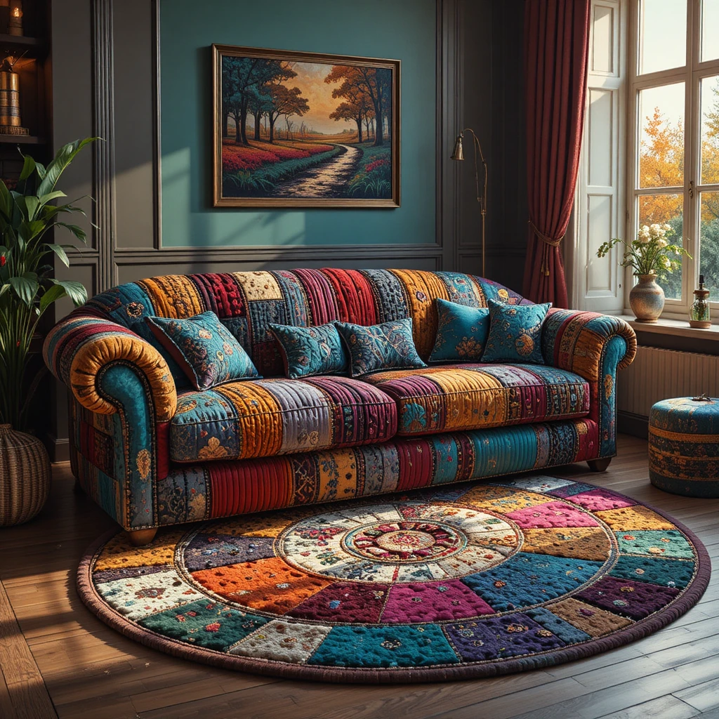 Colorful patchwork sofa in a cozy gypsy style living room