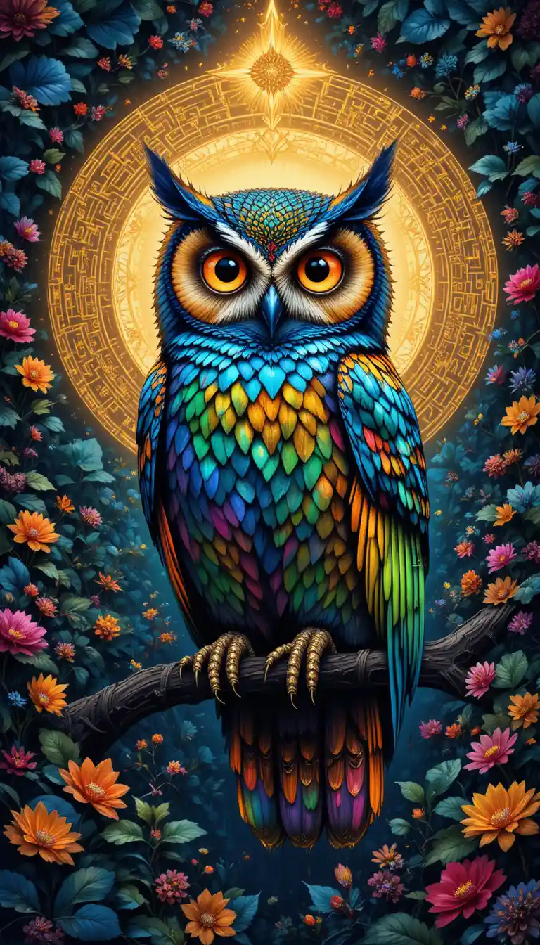 Psychedelic owl on a jeweled branch with glowing halo