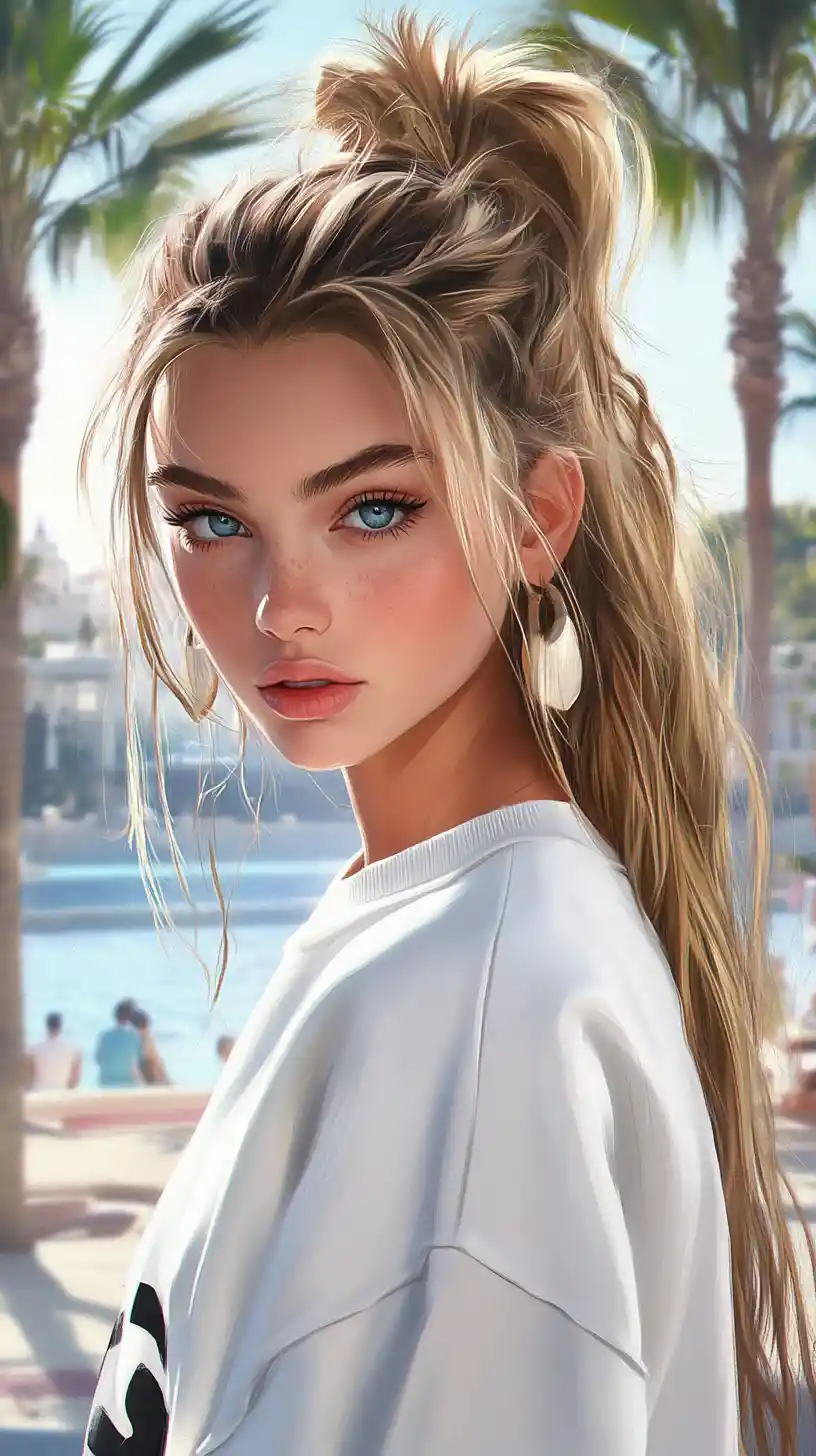 Retrato de chica rubia con palmeras junto al agua