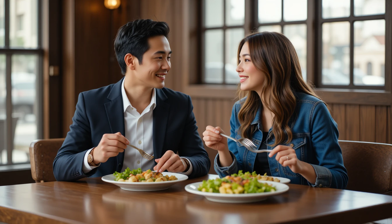 Coppia asiatica sorridente che condivide un pasto sano insieme