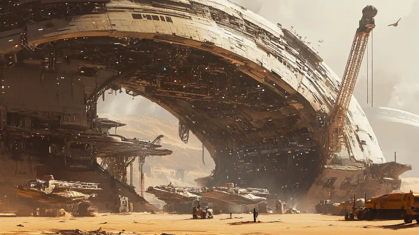 Gigantic spaceships under a vast desert refit station arch