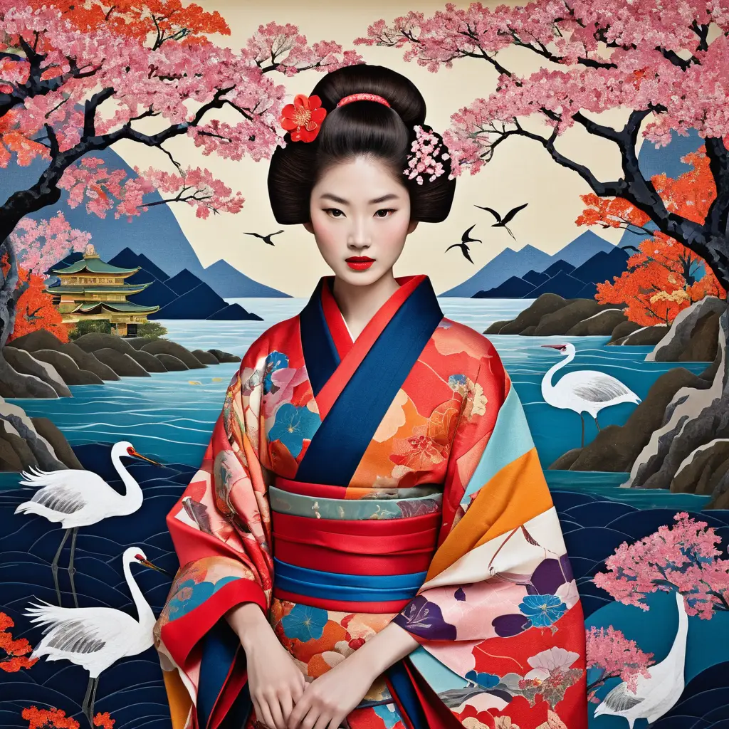 Woman in collage kimono in a traditional Japanese room