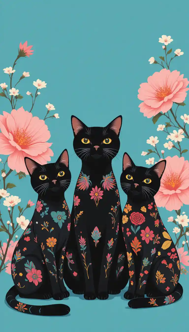 Trois chats noirs à motifs sur fond floral bleu