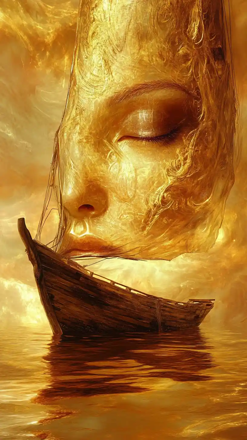 Surreal glowing sailboat merging into a human face