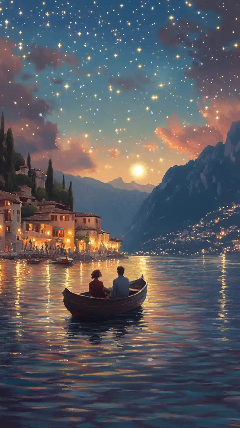 Romantic couple in a boat on Lake Garda at night