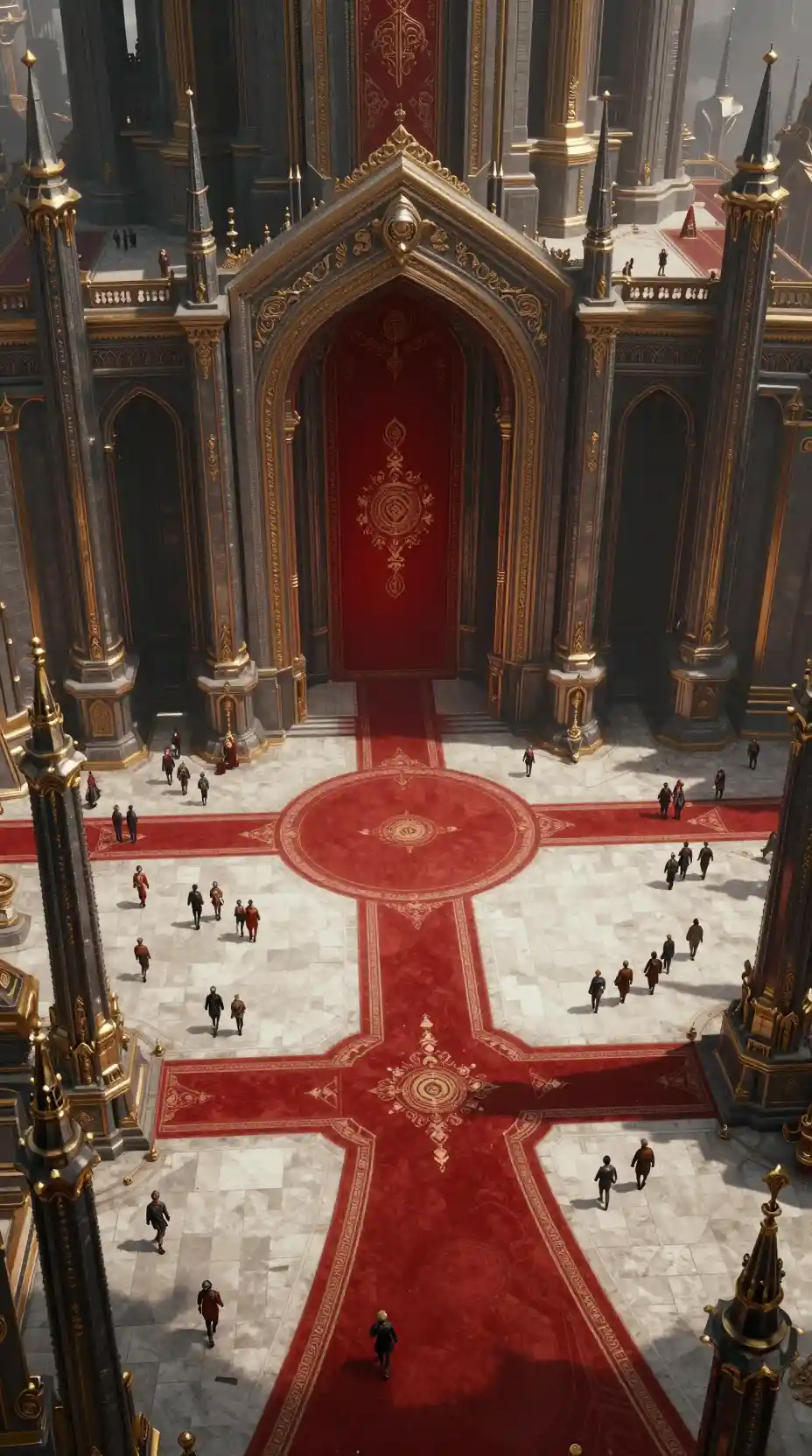Grand fantasy palace plaza with colossal arched entrance
