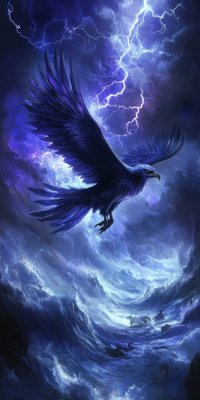 Majestic thunderbird soaring through a stormy sky