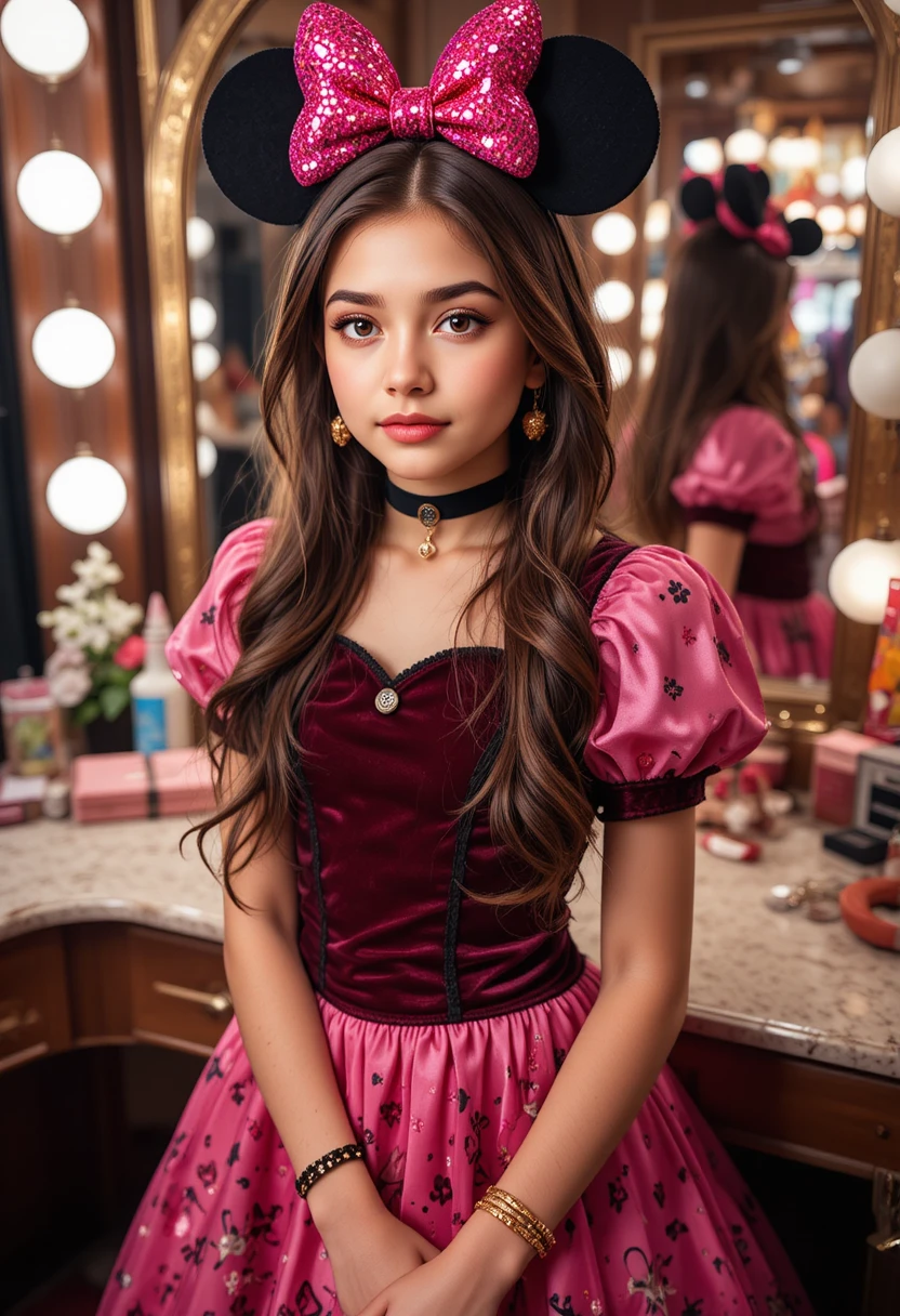 Niño preadolescente con vestido rosa de Minnie en tocador de boutique