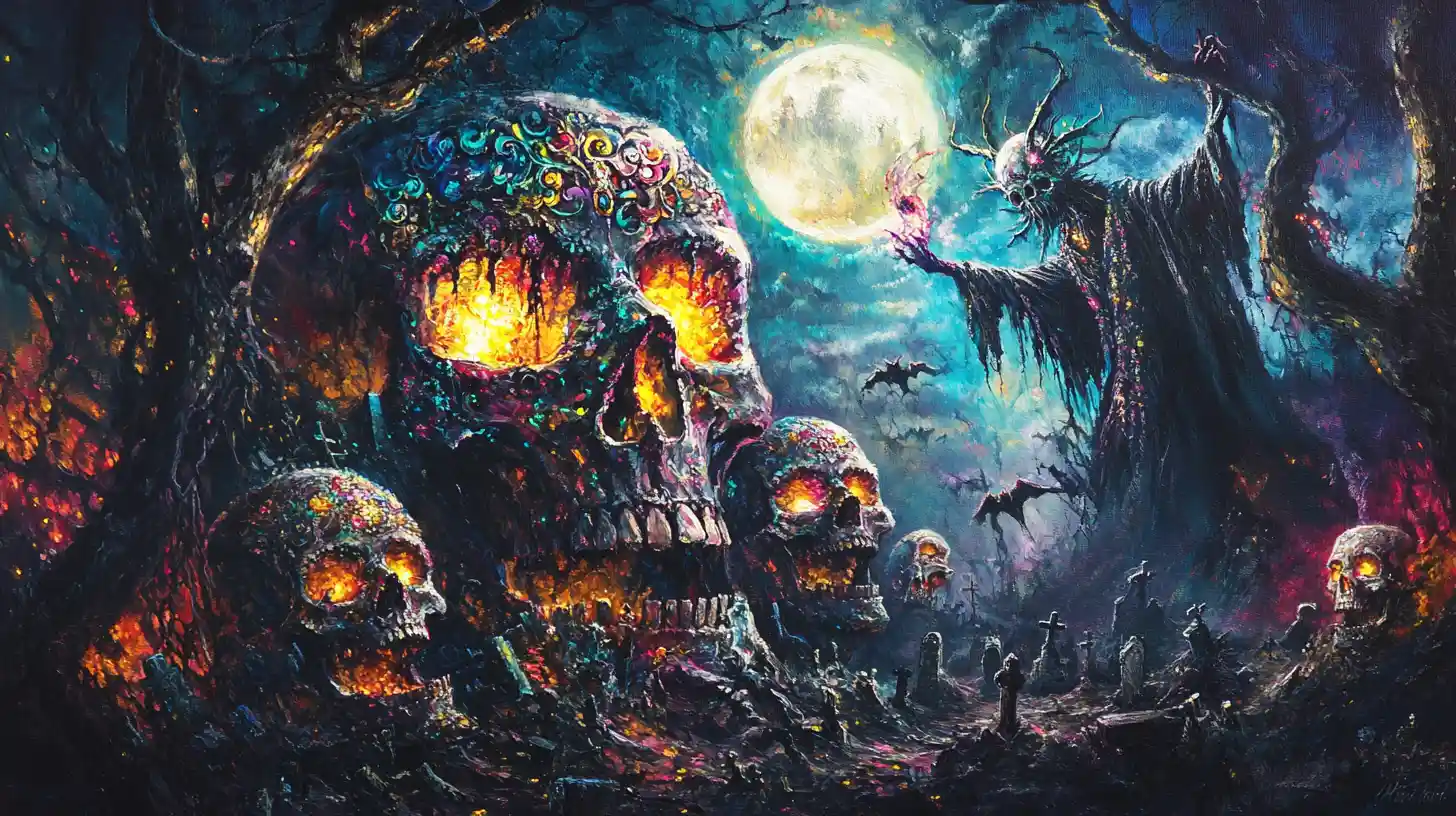 Baroque wizard summoning skulls in a moonlit cemetery