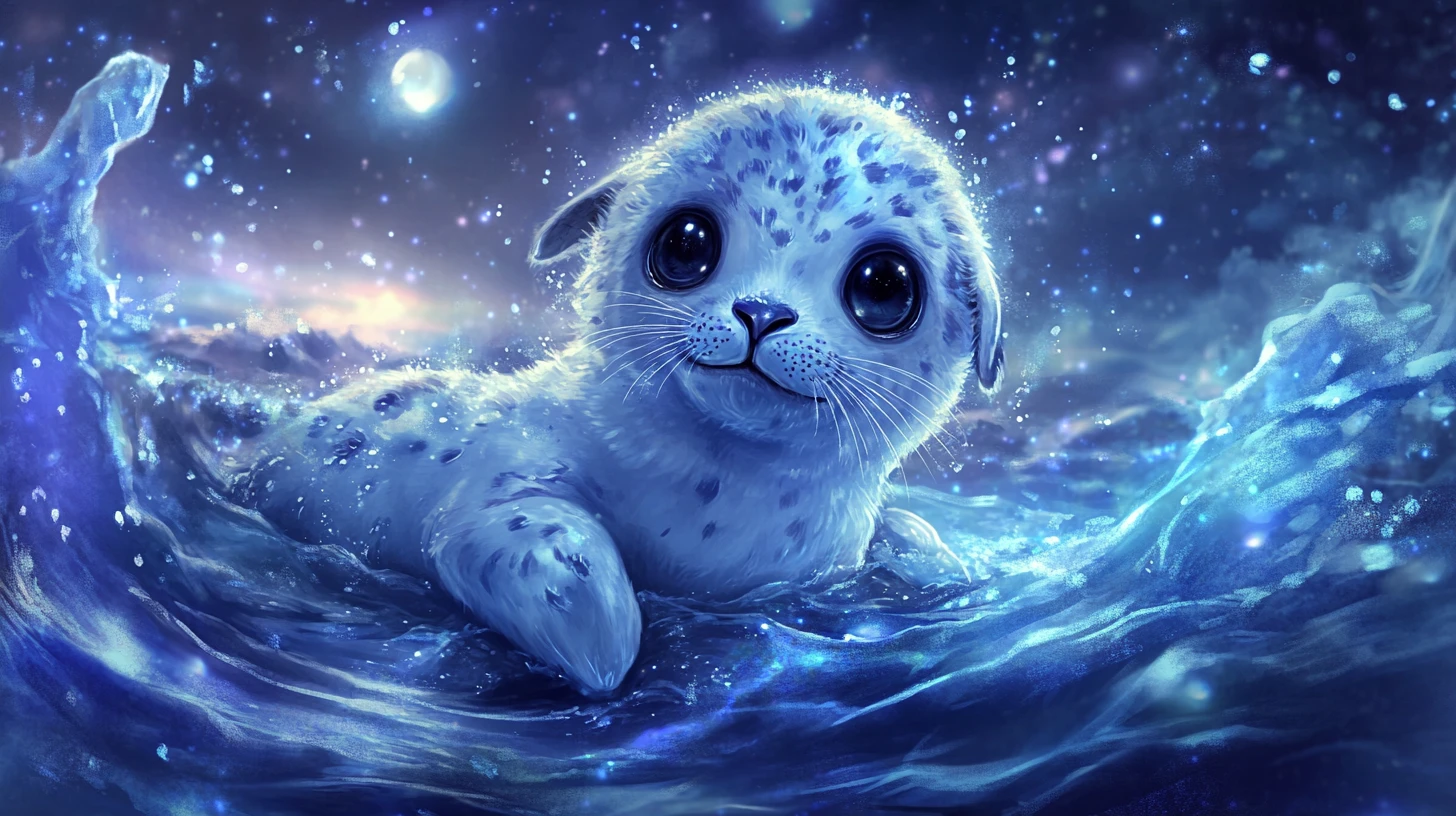 Watercolor baby seal on glowing ice under moonlit sky