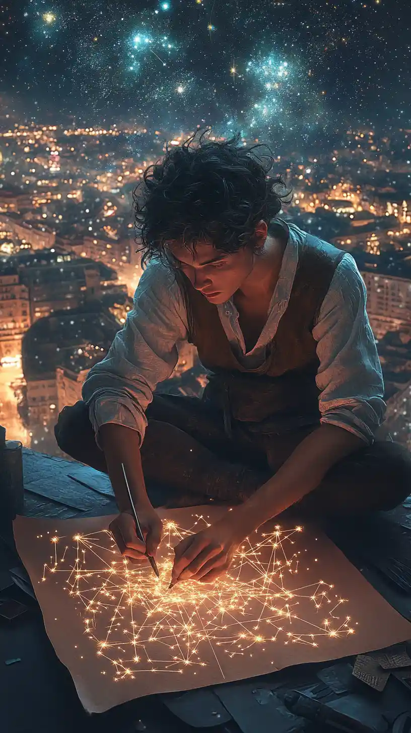 Young man drawing constellations on a rooftop under night sky