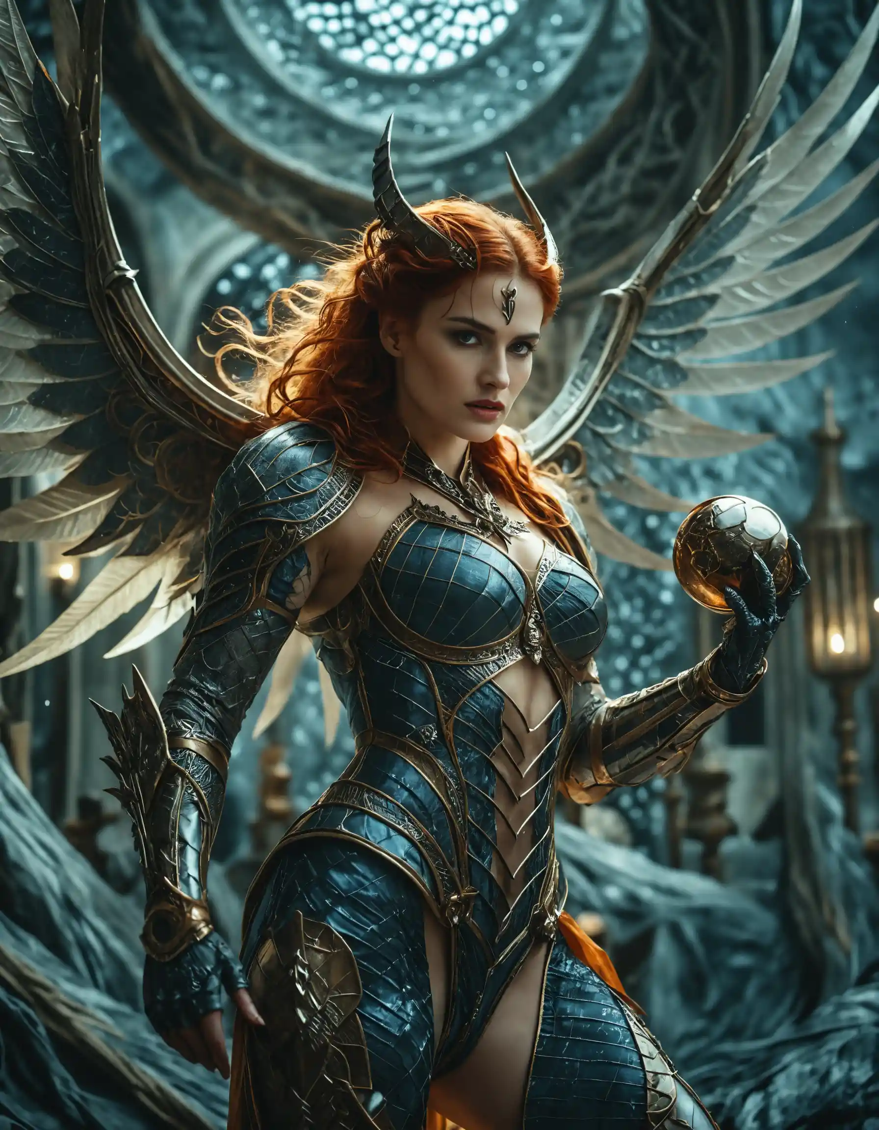 Fallen angel woman screaming upward in dark moonlight