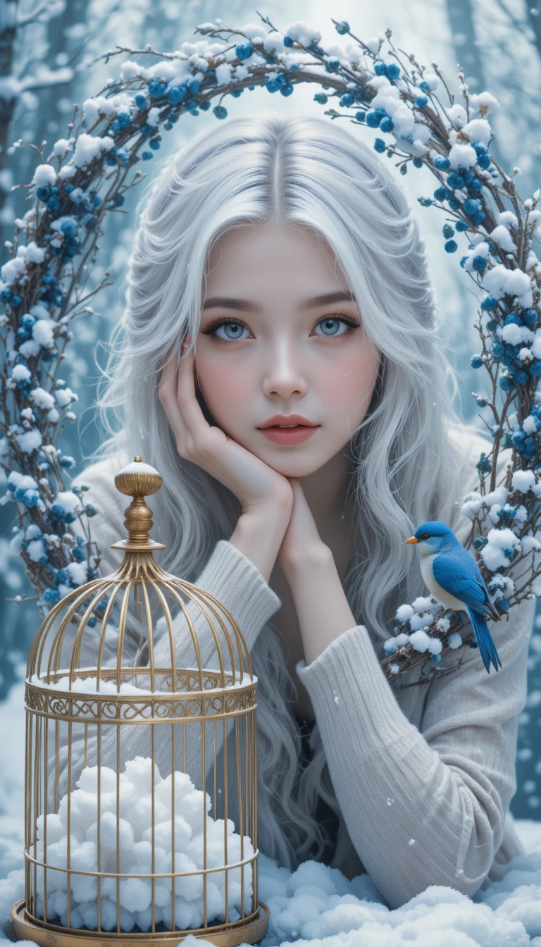 Garota de inverno com cabelo branco e guirlanda coberta de neve
