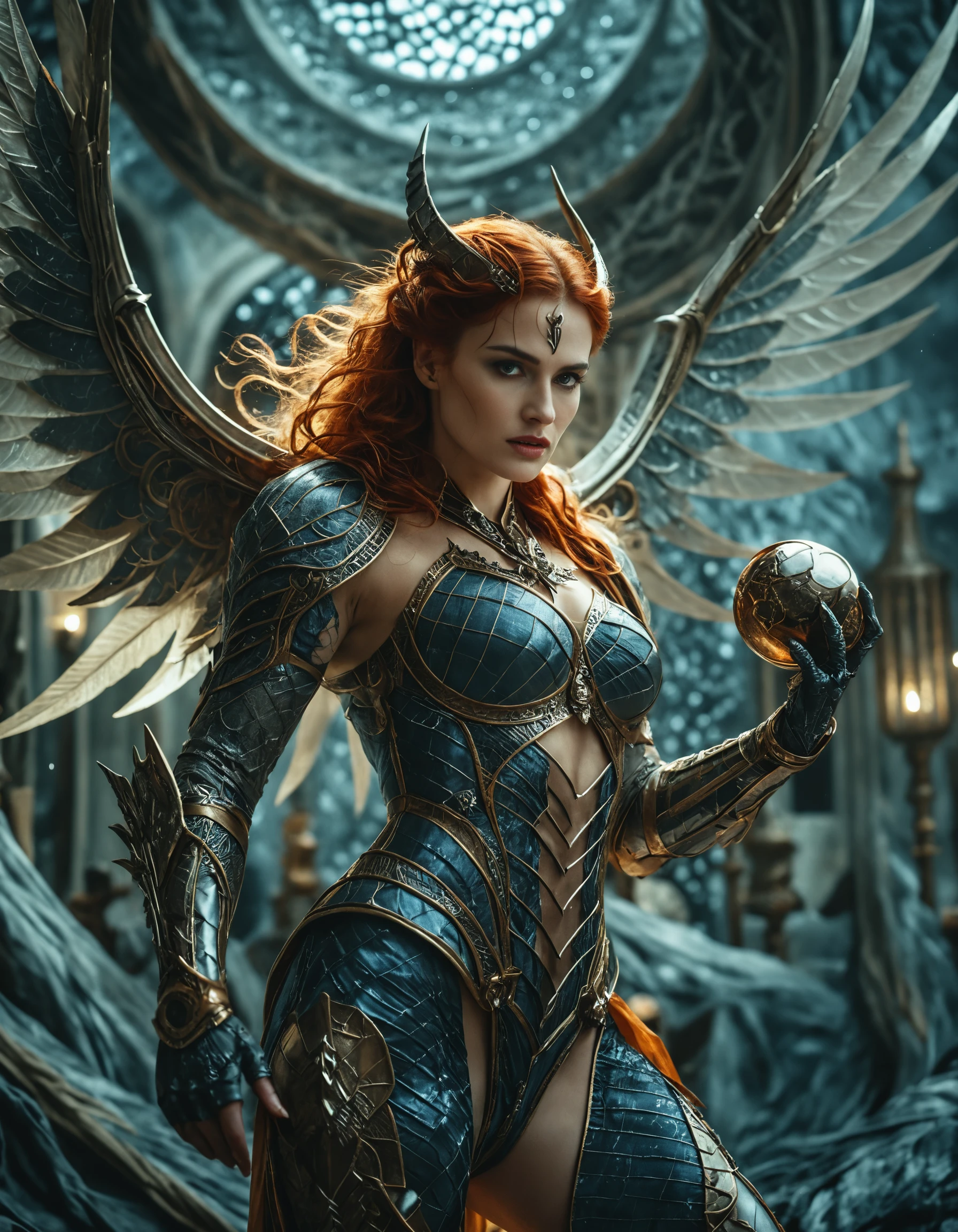 Fallen angel woman screaming upward in dark moonlight