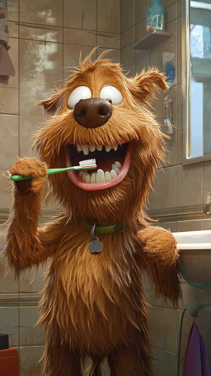 Cane dei cartoni animati che si lava i denti davanti allo specchio di un bagno luminoso