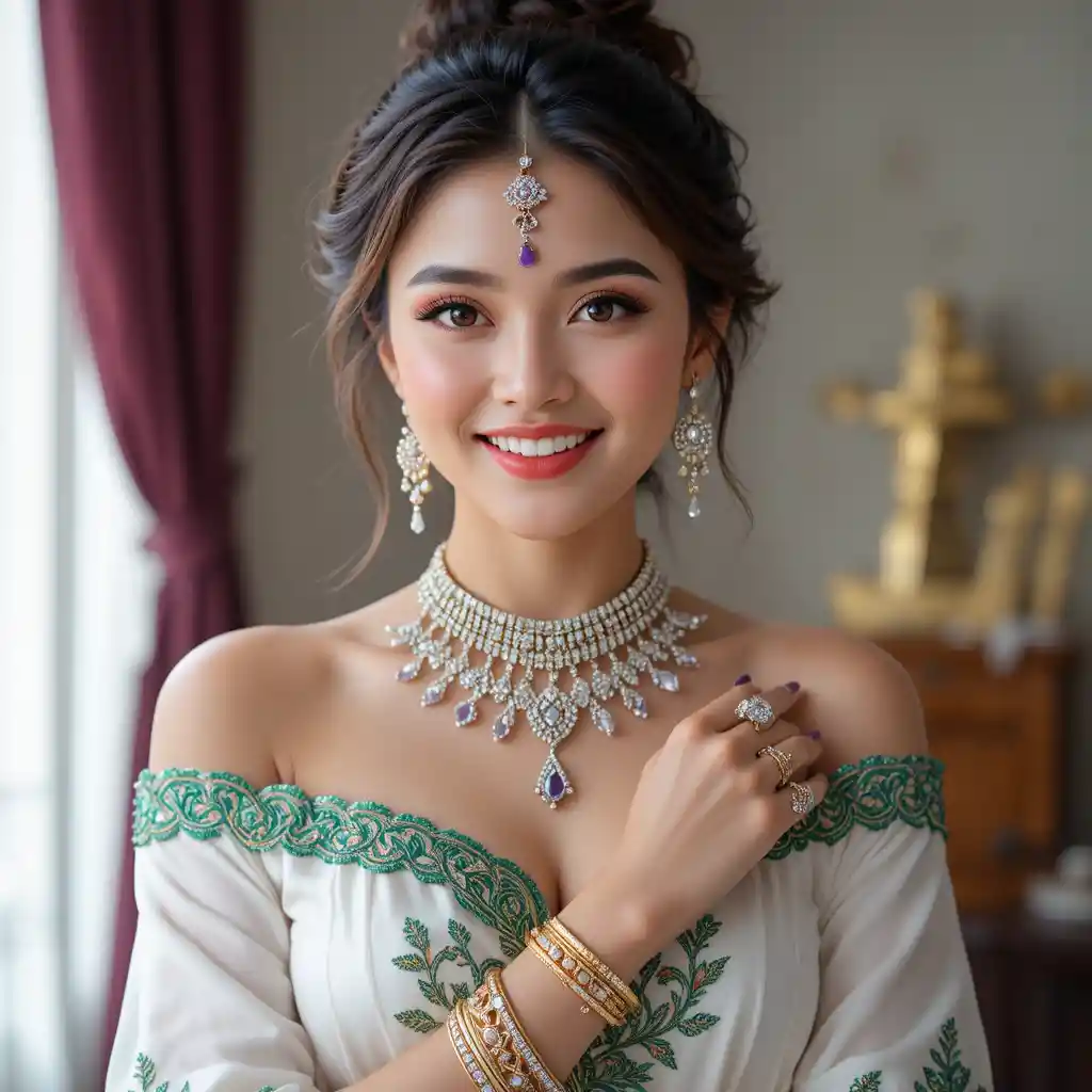 Malaysian woman in white silk dress with jeweled accessories