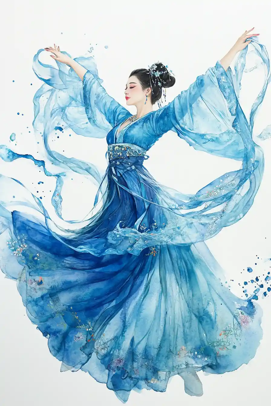Graceful Asian woman dancing in flowing blue hanfu