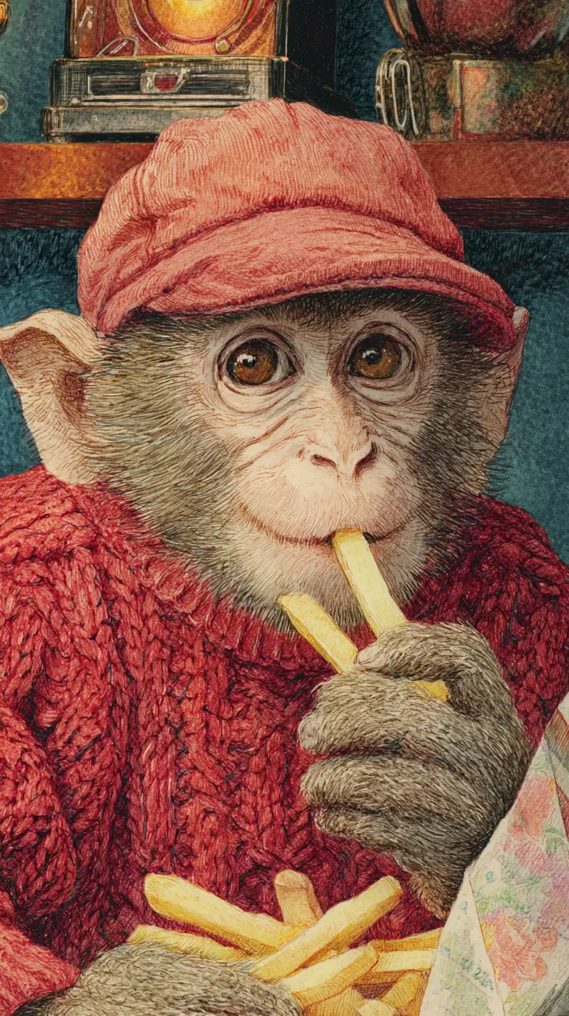 Cute monkey eating fries in a retro diner