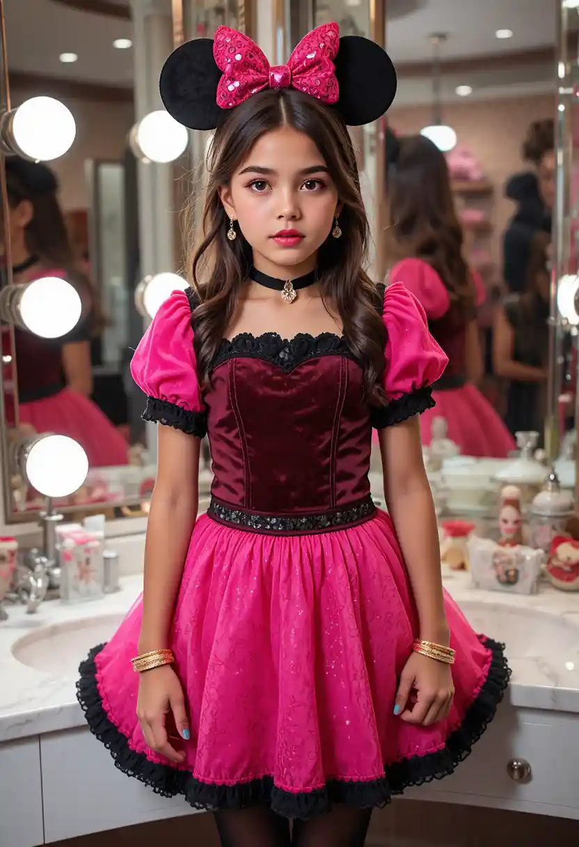 Tween boy in pink minnie dress at boutique vanity