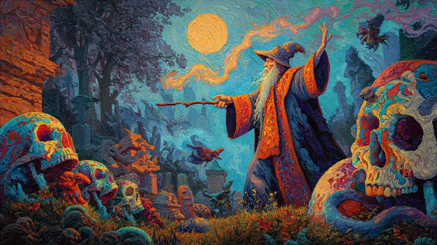 Baroque wizard conjuring skulls in a moonlit cemetery